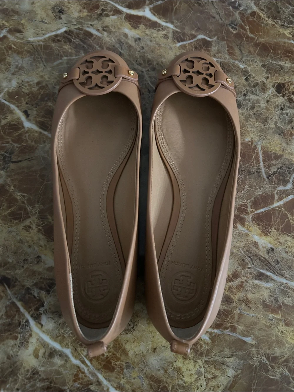 Tory Burch Tan Leather Logo Ballet Flats